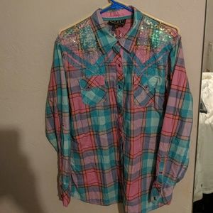 Cowgirl Up pastel plaid button up with sequins